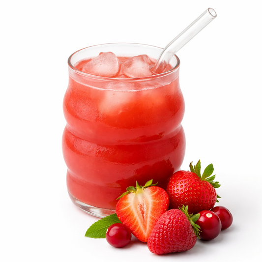 Glass of strawberry juice with ice and strawberries on a white background