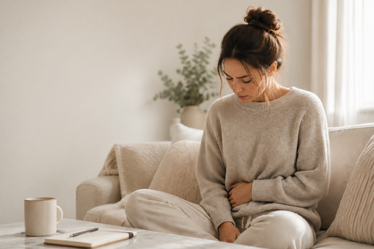 Softly lit image of a woman sitting on a couch in a neutral-toned living room, leaning forward and holding her stomach, conveying mild discomfort or digestive distress.