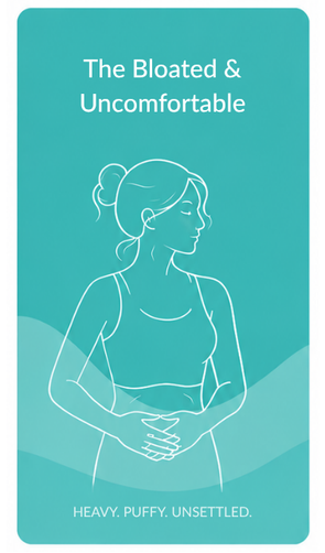 Card with a line drawing of a woman holding her stomach against a teal background, titled 'The Bloated & Uncomfortable'.