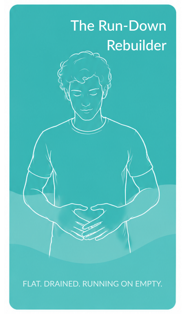 Card with a line drawing of a person holding their hands together on a teal background, titled 'The Run-Down Rebuilder'.