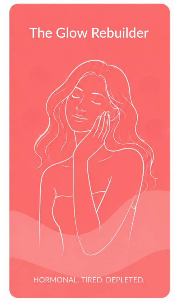 Product packaging for 'The Glow Rebuilder' with a line drawing of a woman on a pink background.