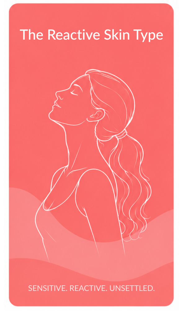 Illustration of a woman's profile on a pink background with text about the reactive skin type.