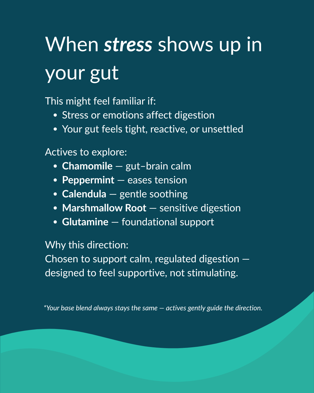 Informational text on a teal background about stress and its effects on the gut, with a focus on natural remedies.