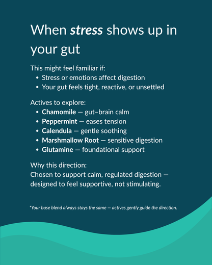Informational text on a teal background about stress and its effects on the gut, with a focus on natural remedies.