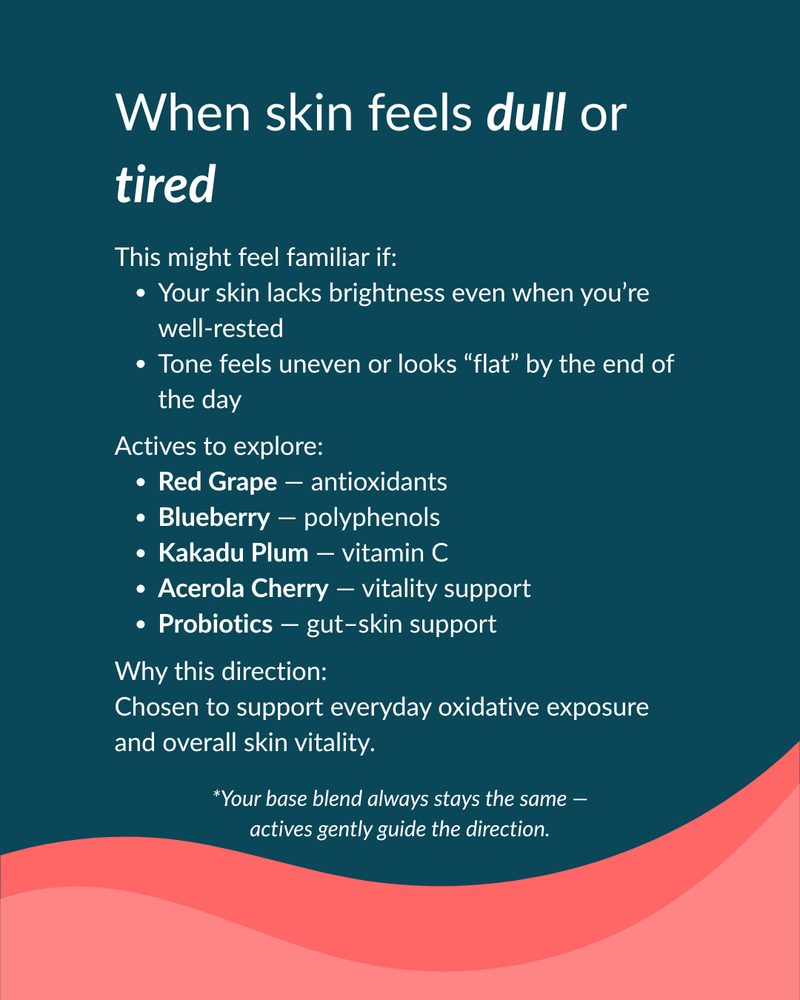 Text on a blue background about skin care with a red wave design