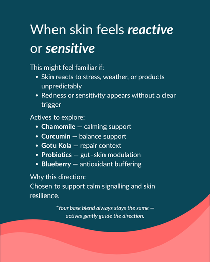 Informational text about reactive or sensitive skin on a blue and red background