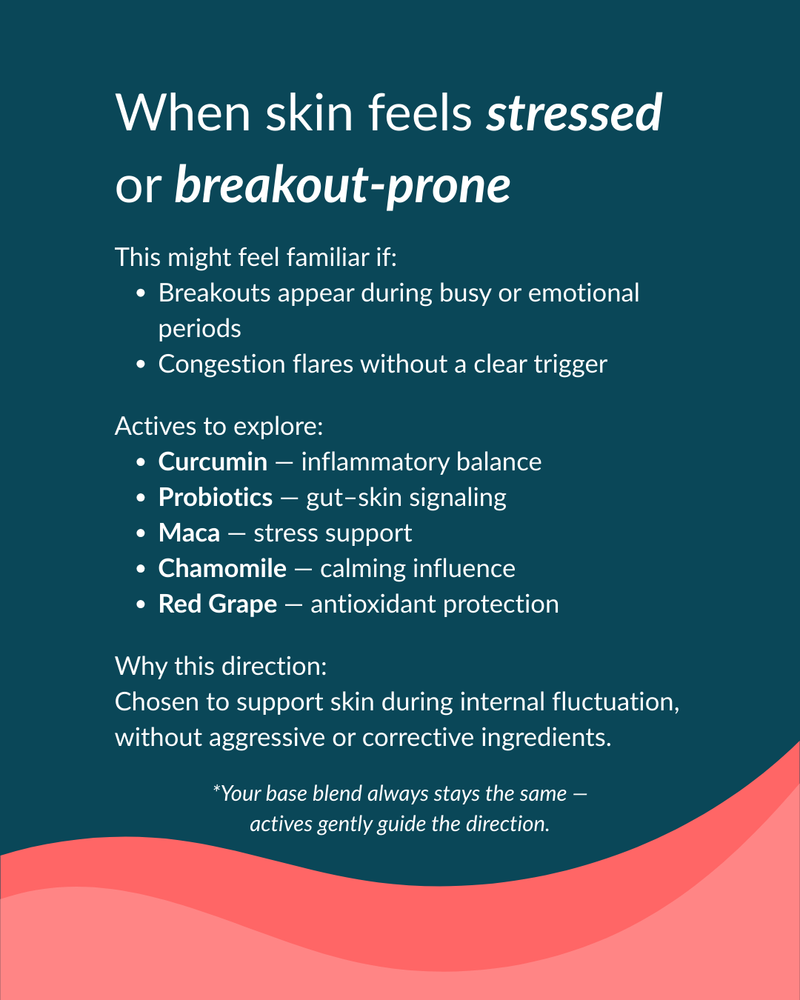 Text on a blue background about skin care solutions for stressed or breakout-prone skin.