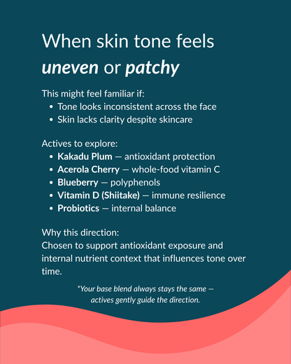 Text on a blue background about skin tone concerns and product ingredients.