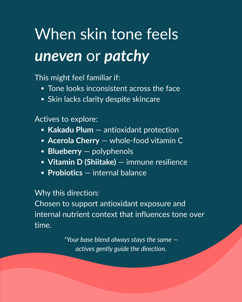 Text on a blue background about skin tone concerns and product ingredients.