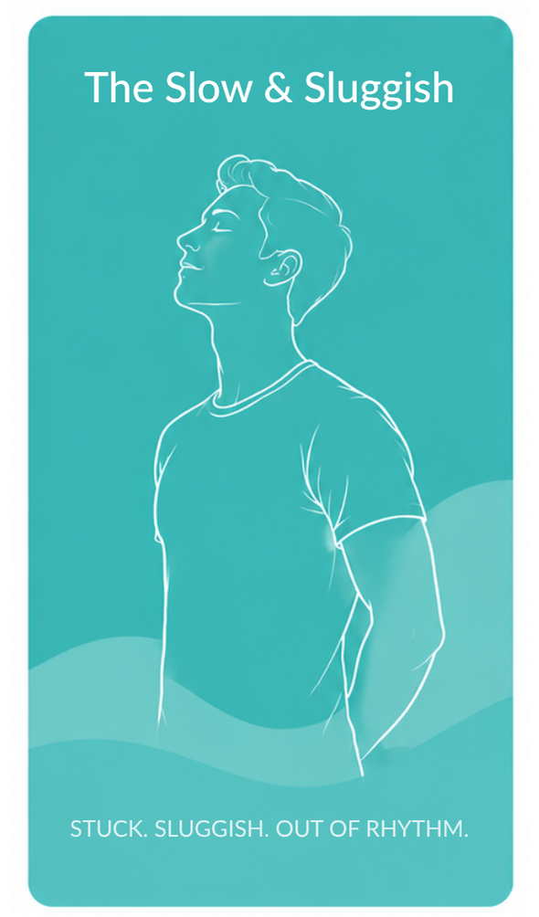 Card with a line drawing of a person and text 'The Slow & Sluggish' on a teal background