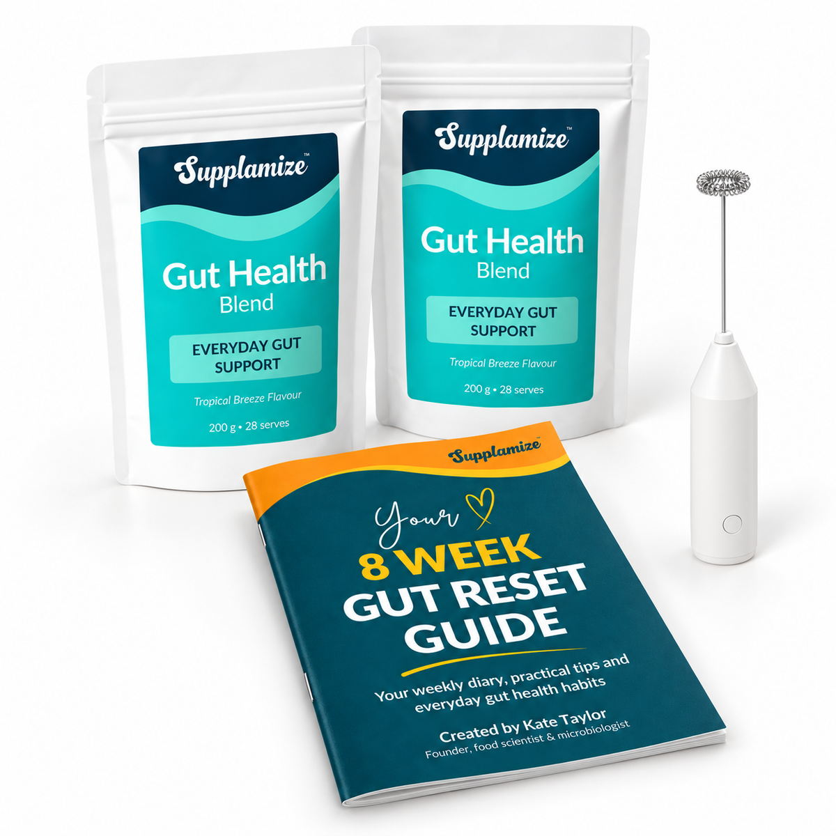 Supplamize gut reset kit with 2 gut health blend pouches, a milk frother mixer and the 8 week gut reset guide book