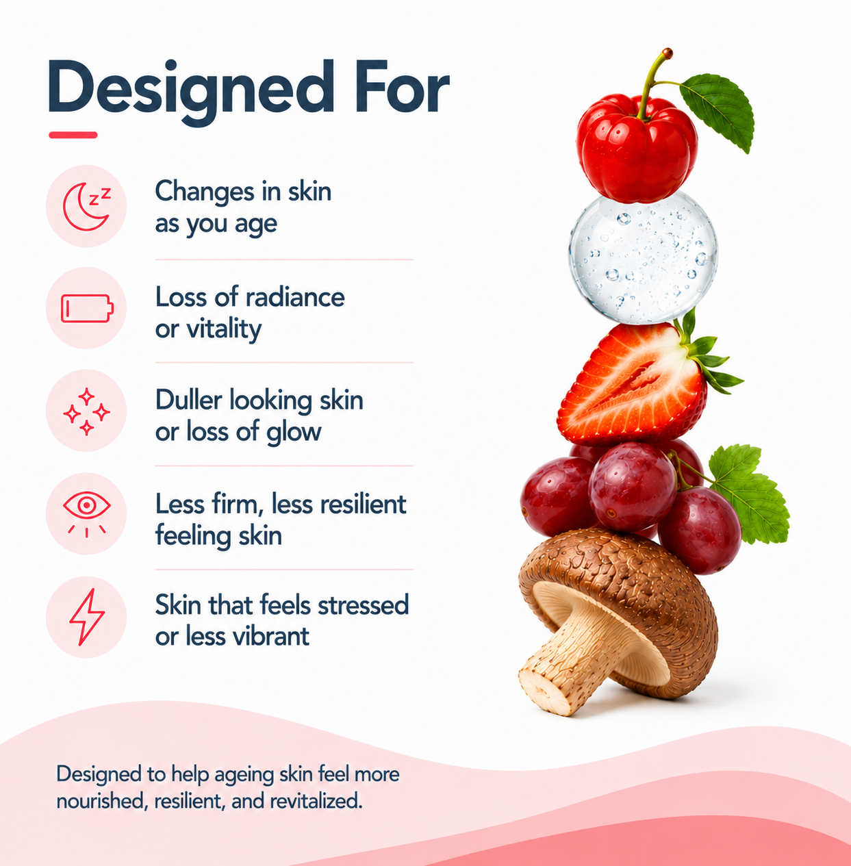 Stack of fruits and vegetables with text about skin care benefits on a white background