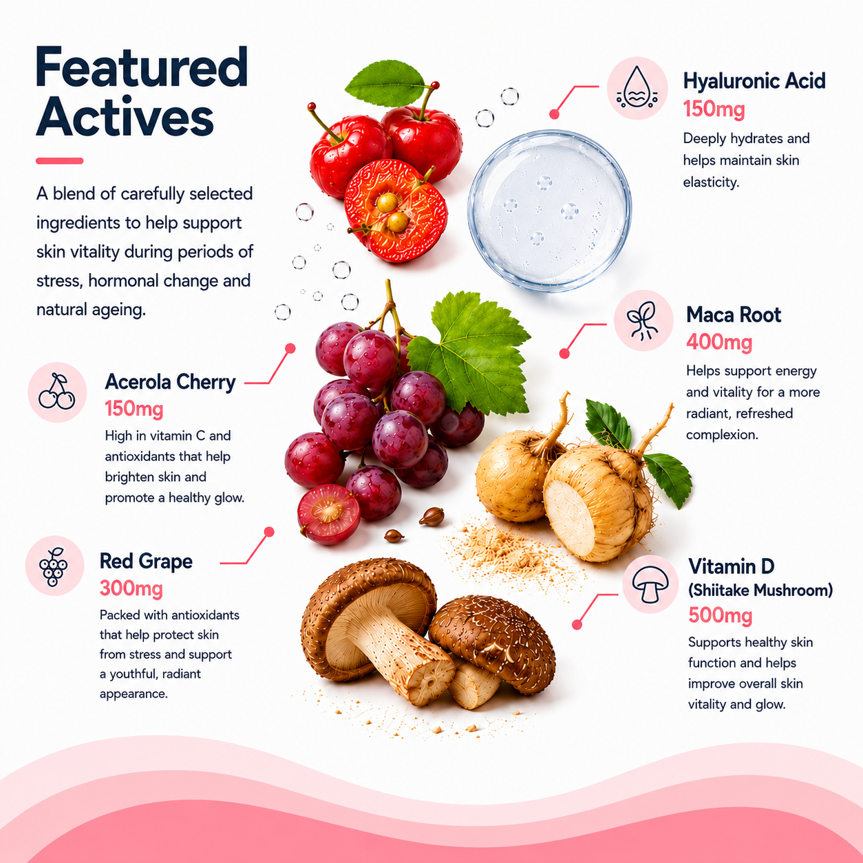 Vitamins and minerals with text on a white background