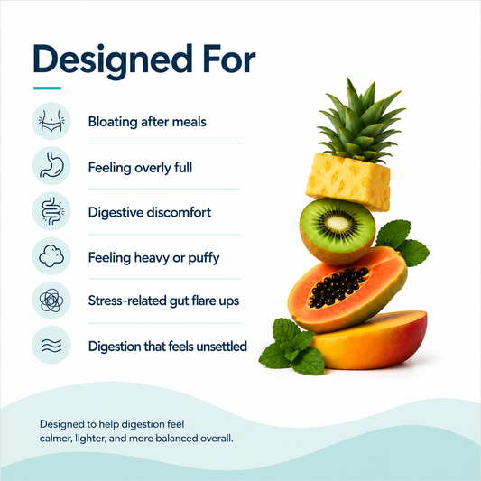 Fruit stack with text on digestive benefits on a white background