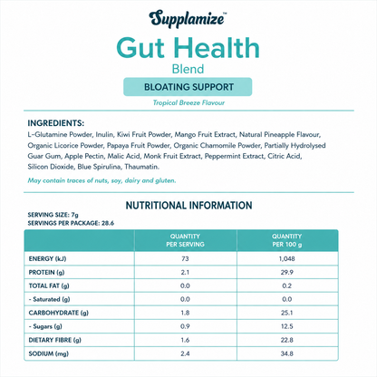 Supplamize Gut Health Blend packaging with ingredients and nutritional information on a white background
