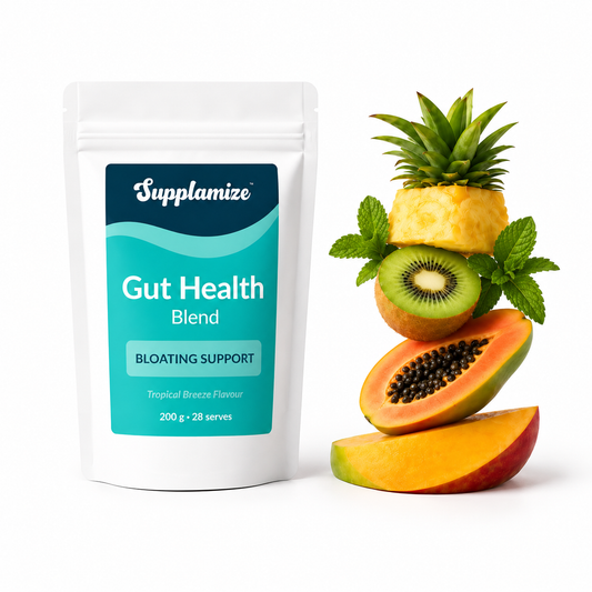 Supplamize Gut Health Blend packaging with tropical fruits on a white background