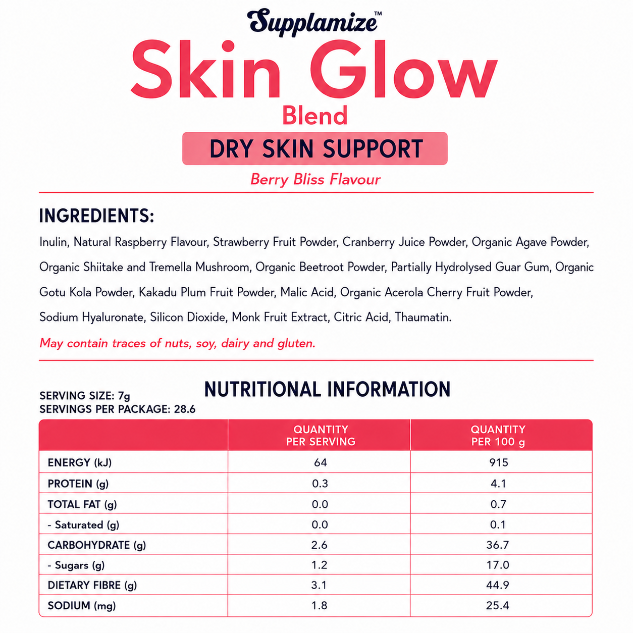 Supplamize Skin Glow Blend nutritional information and ingredient list on a white background