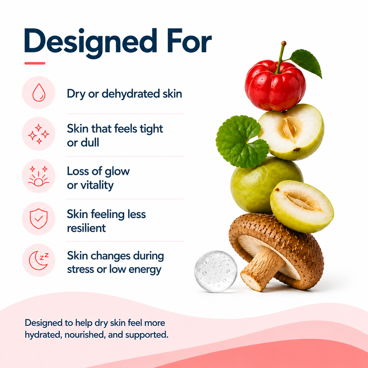Fruit and mushroom stack with text on skin health benefits on a white background