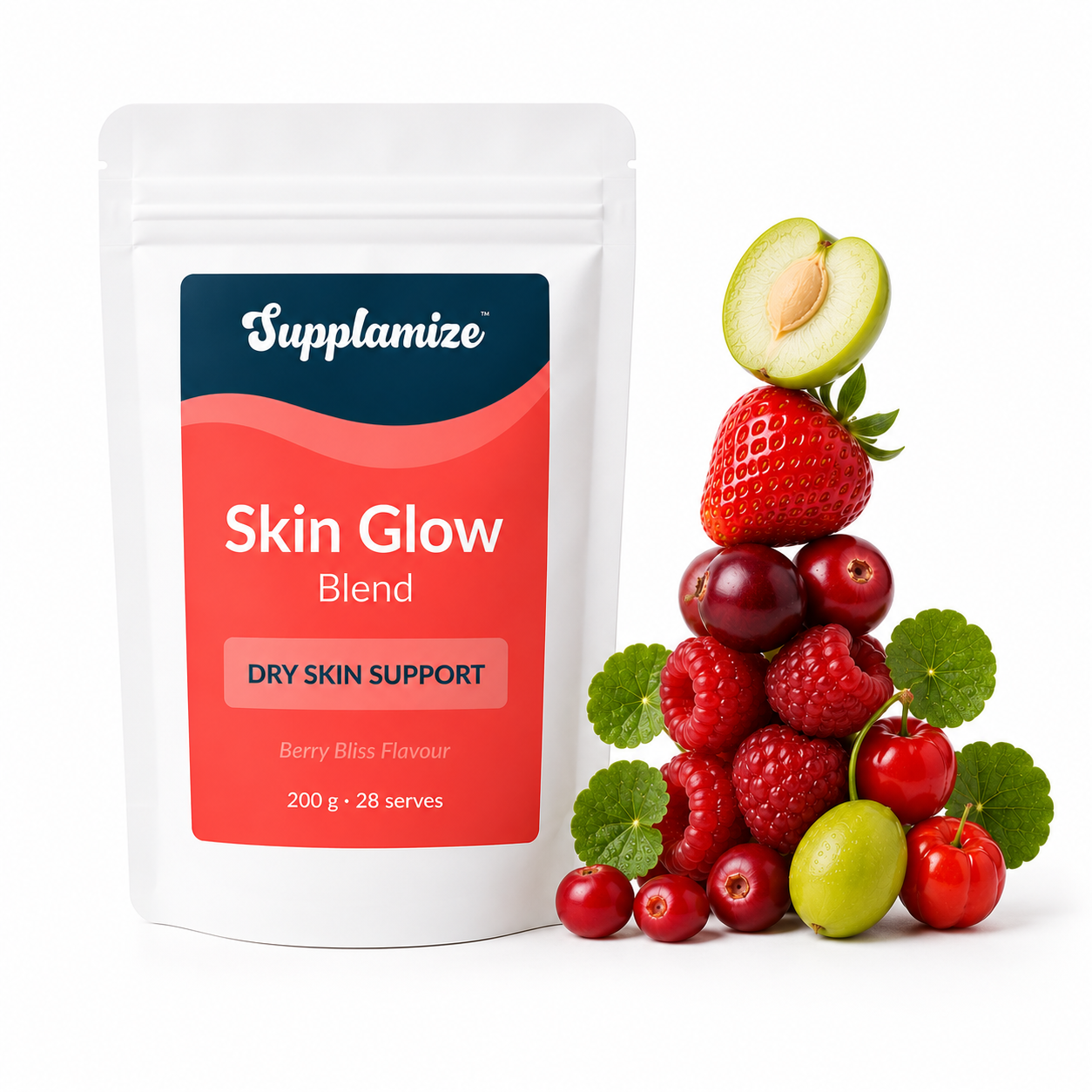 Supplamize Skin Glow Blend package with a tower of berries on a white background