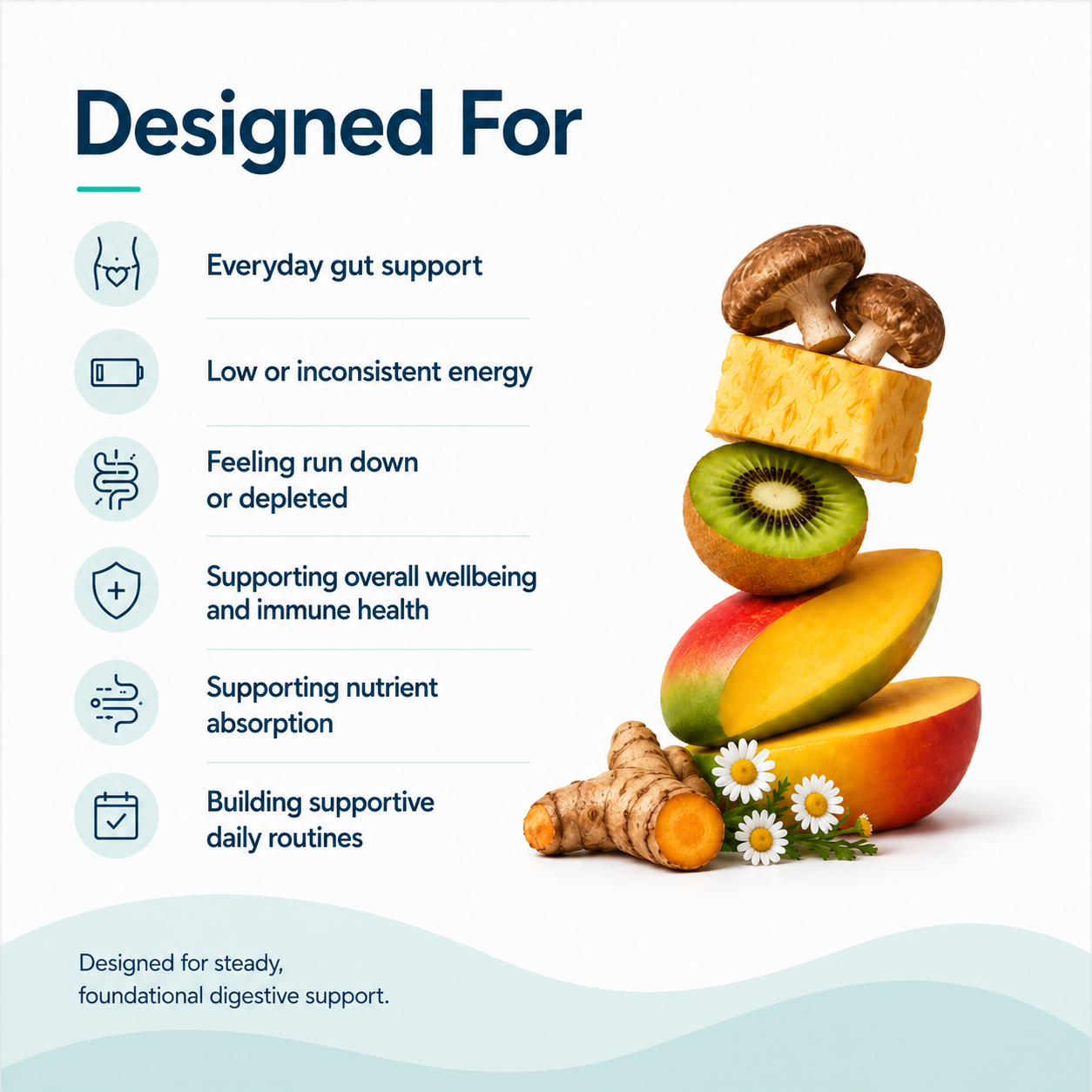 Stack of fruits and vegetables with text about gut health benefits on a white background