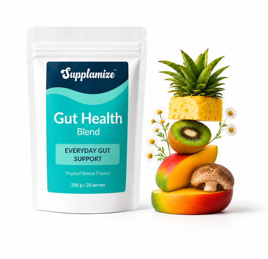 Supplamize Gut Health Blend package with a stack of fruits on a white background