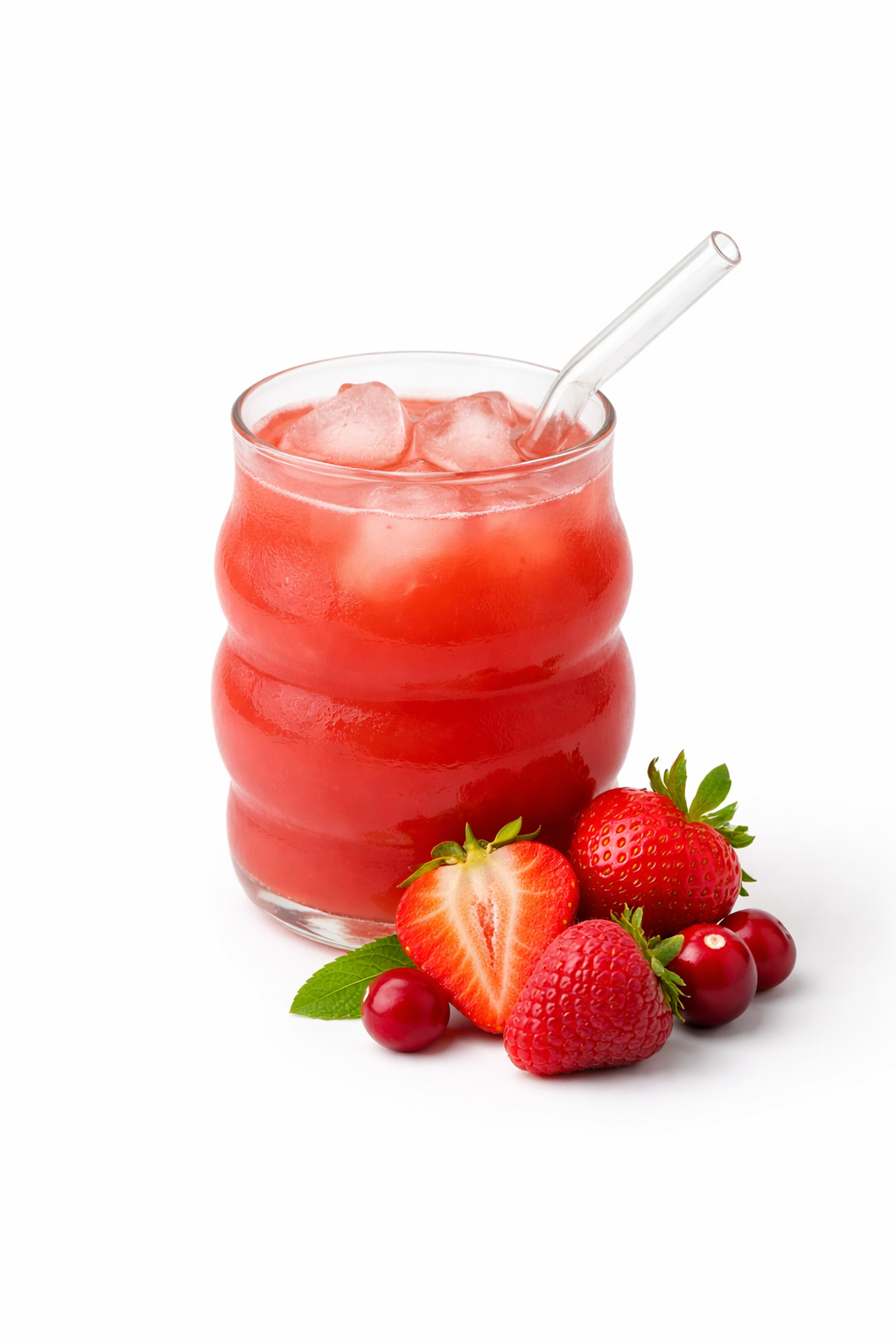 Glass of strawberry juice with ice and strawberries on a white background