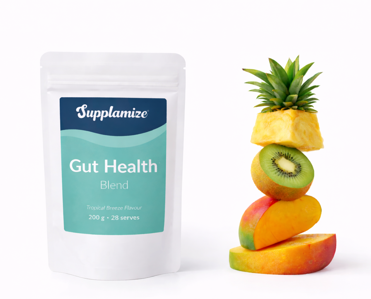 Supplement package labeled 'Gut Health Blend' by Supplamize with a stack of fruits on a white background.