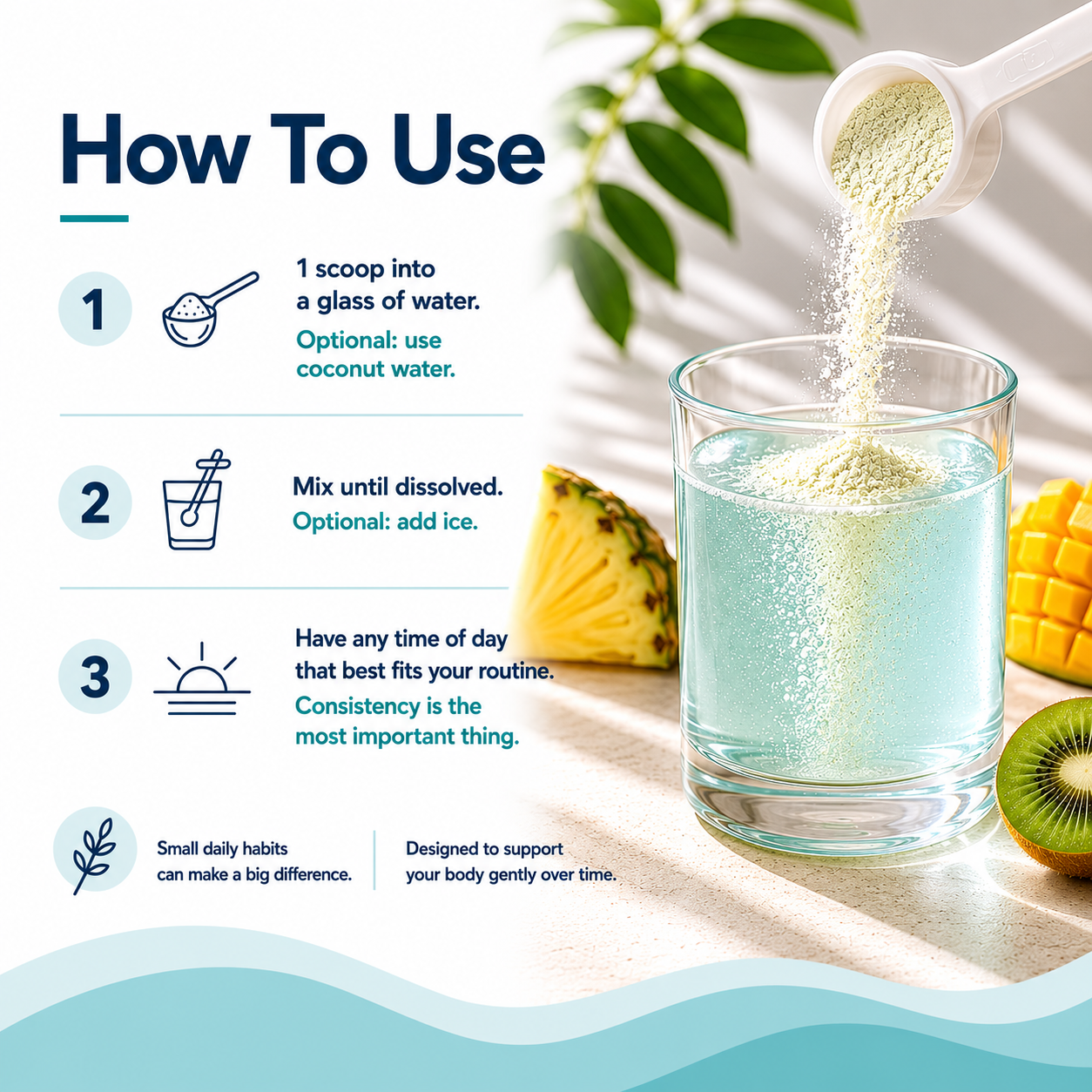 Instructions on how to use a powder supplement with a glass of water, surrounded by fruits.
