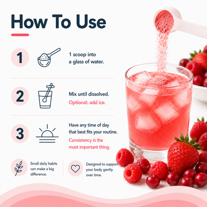 Instructions on how to use a pink powder with berries and a glass of water.