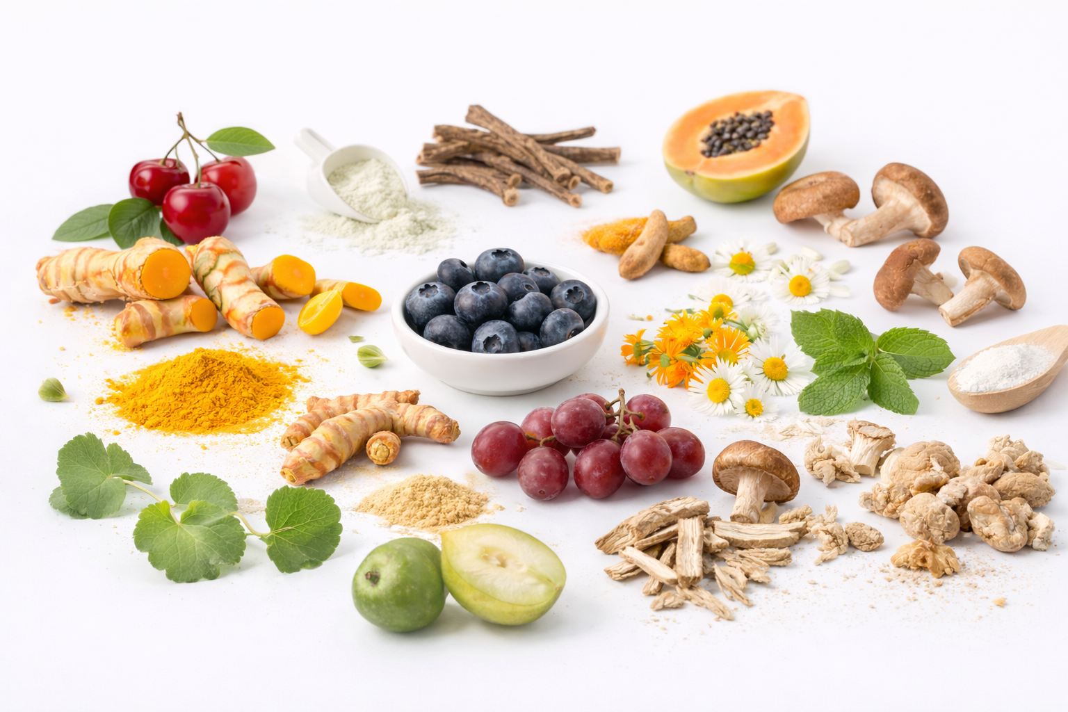 Assorted health foods including fruits, vegetables, and herbs on a white background