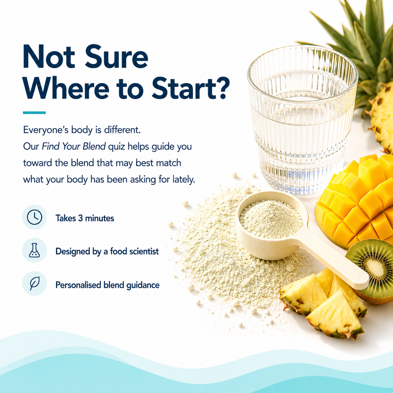 Promotional graphic for a health supplement quiz with ingredients like pineapple, mango, and kiwi.