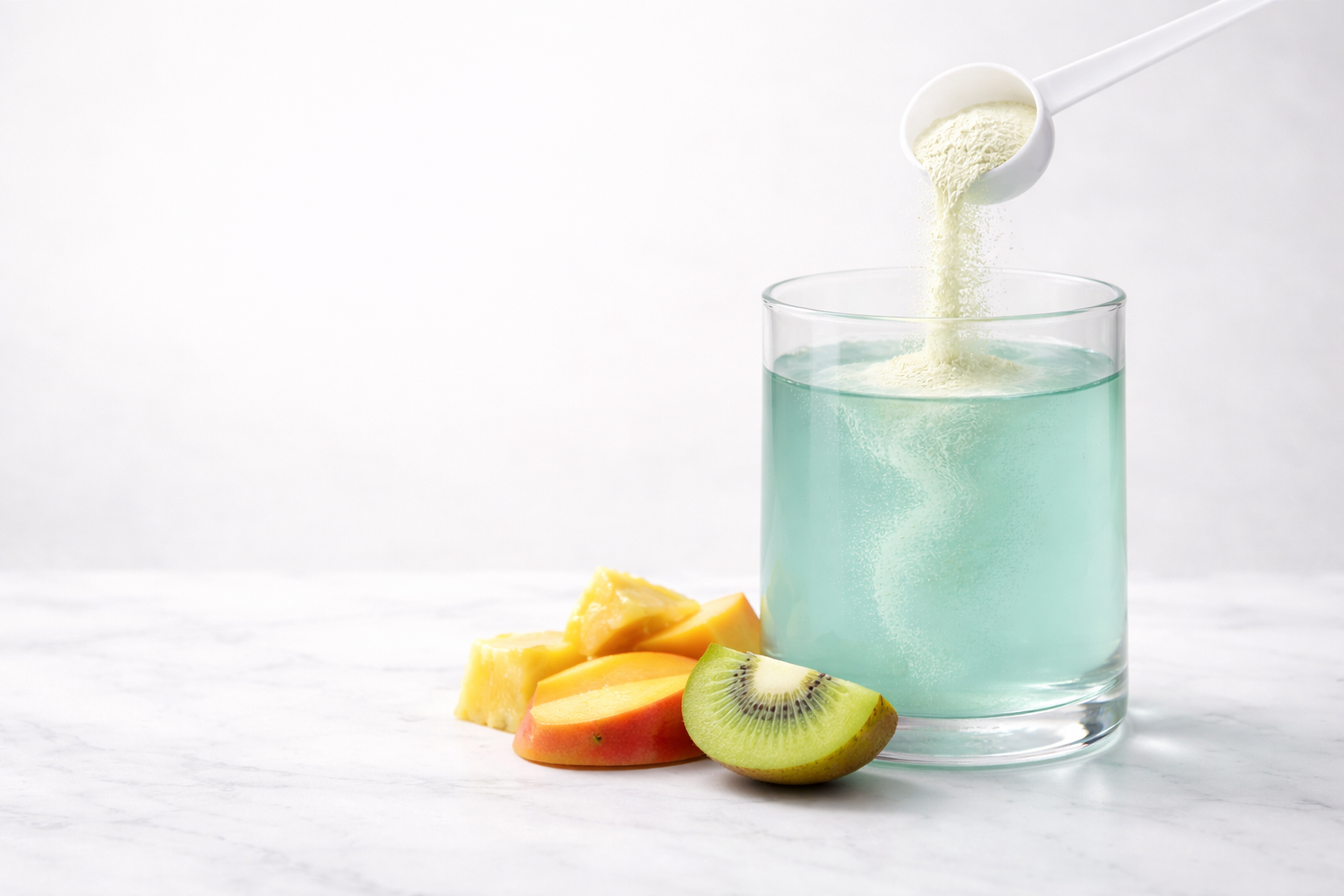Glass of blue liquid with a white powdery substance being poured, surrounded by fruit on a light background