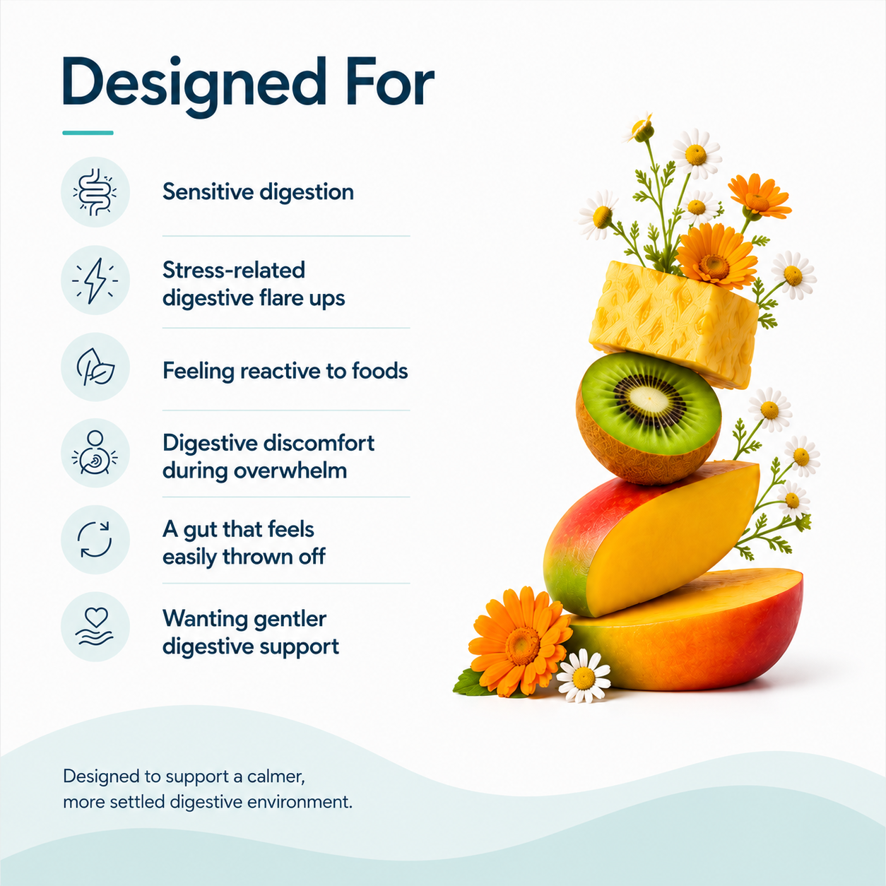 Fruit stack with flowers and text about digestive health on a white background