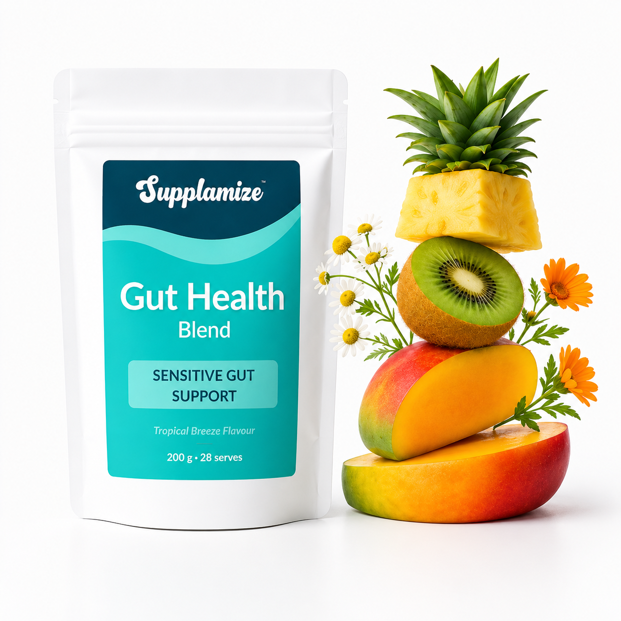 Supplamize Gut Health Blend package with tropical fruits on a white background