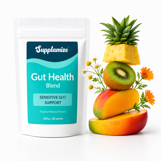 Supplamize Gut Health Blend package with tropical fruits on a white background