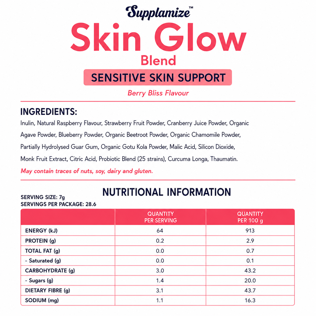 Supplamize Skin Glow Blend packaging with ingredients and nutritional information.
