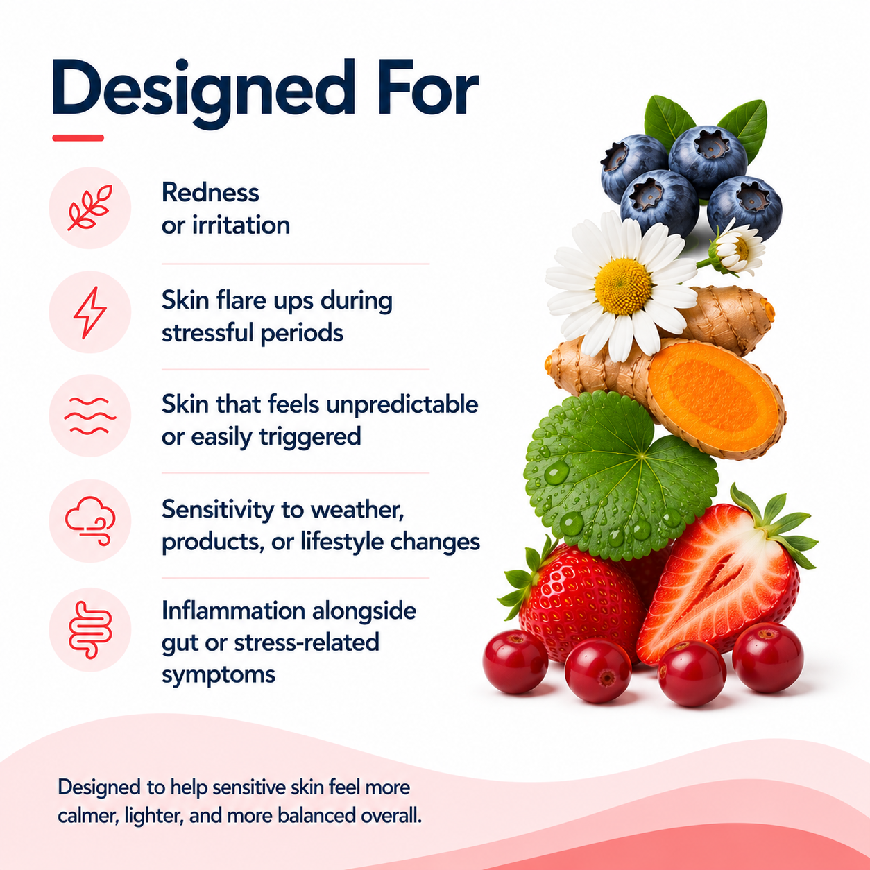 Product designed for skin health with fruits, vegetables, and flowers on a white background.