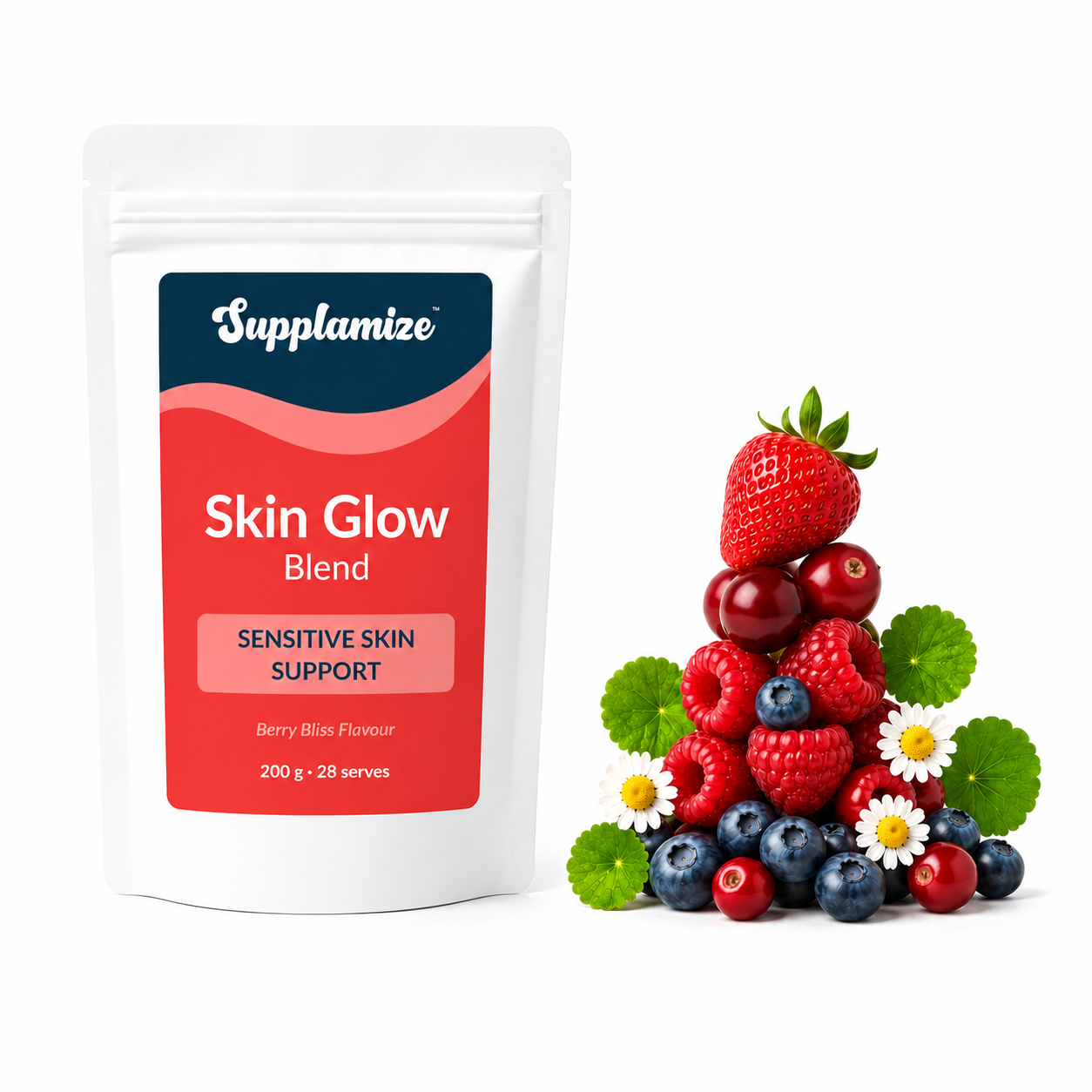 Supplamize Skin Glow Blend package with a tower of berries and flowers on a white background