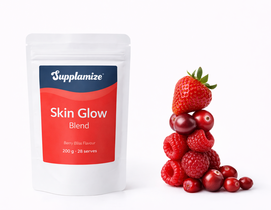 Supplement package labeled 'Skin Glow Blend' by Supplamize with a stack of berries on a white background.