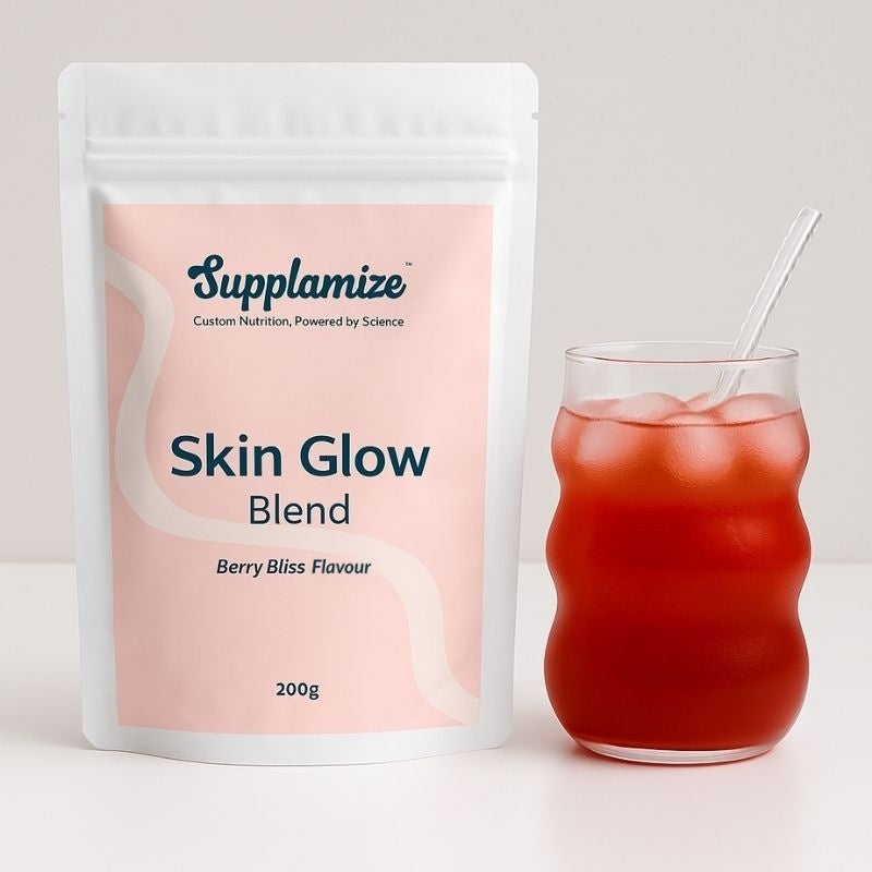 Supplamize Skin Glow Blend package with a glass of red berry drink on a light background