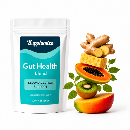 slow digestion support gut health blend product image of pouch with fruit stack of ingredients next to pouch