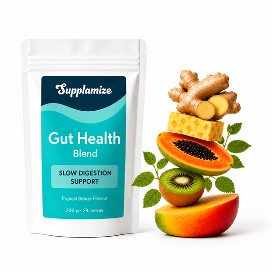 slow digestion support gut health blend product image of pouch with fruit stack of ingredients next to pouch