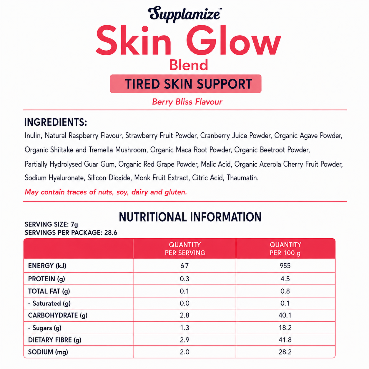 Supplement label for 'Skin Glow Blend' with ingredients and nutritional information on a white background.