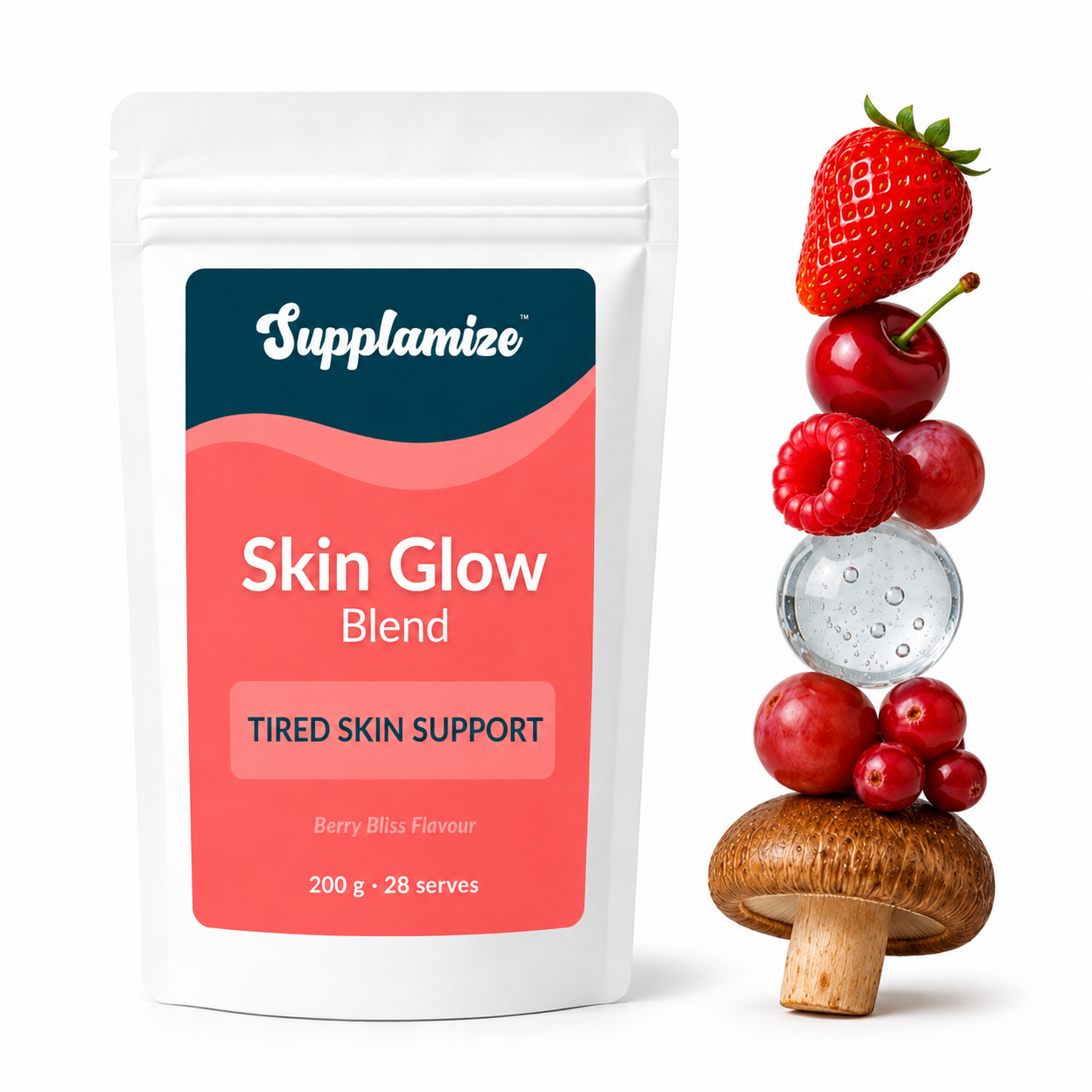 Supplamize Skin Glow Blend package with berries and a mushroom on a white background
