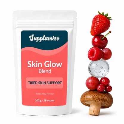 Supplamize Skin Glow Blend package with berries and a mushroom on a white background