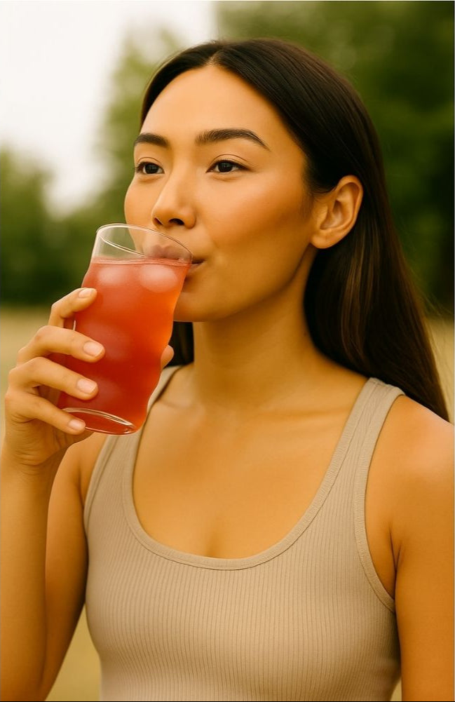 Woman drinking a red beverage outdoors
