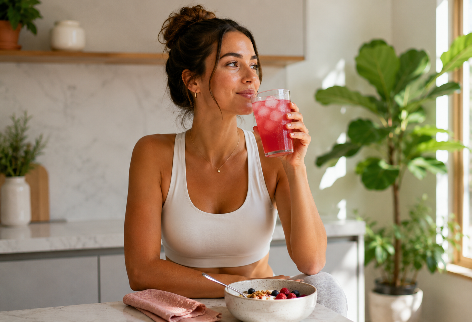 Woman in a kitchen holding a glass of pink drink and eating cereal.